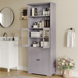 thumbnail of Badezimmer Hochschrank 160x58x29 cm Grau mit Glastür und Holzfront, 4 Türen, 2 offene Ablagen, verstellbare Einlegeböden, lackierte Oberfläche