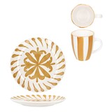 thumbnail of 12tlg Frühstücksset Wald ocker Steingut 6 Personen Teller Becher Zweige Streifen