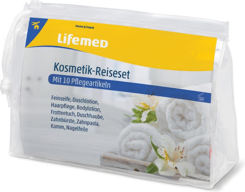 Ein Kosmetik-Reiseset mit 10 Pflegeartikeln.