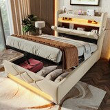 thumbnail of Polsterbett 90x200 mit hydraulischem Stauraum, USB-Anschlüssen, LED-Beleuchtung und Ladefunktion für Smartphone – Beige