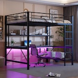 thumbnail of Hochbett 140x200 mit Geländer, Trittleiter, Schreibtisch, Regalen, LED-Beleuchtung, USB und Steckdose, Metallrahmen, funktionales Loftbett Schwarz