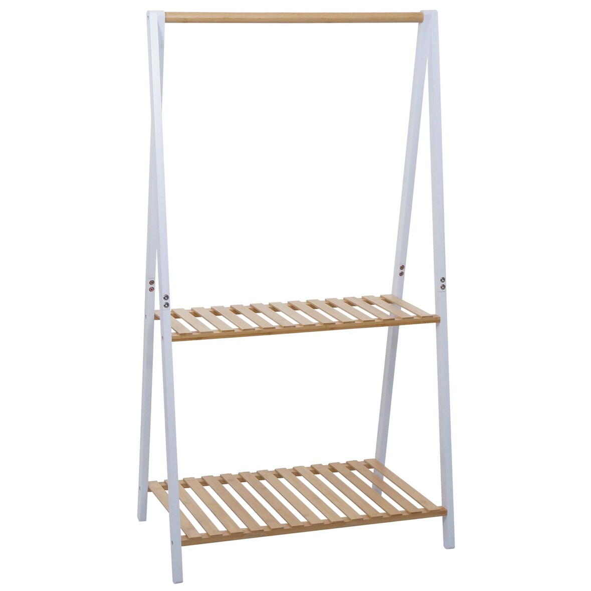 Bambus Standgarderobe HWC-Q32, Garderobenständer Kleiderständer Schuhregal, Stange 2 Ablagen 130x70x44cm ~ natur-weiß