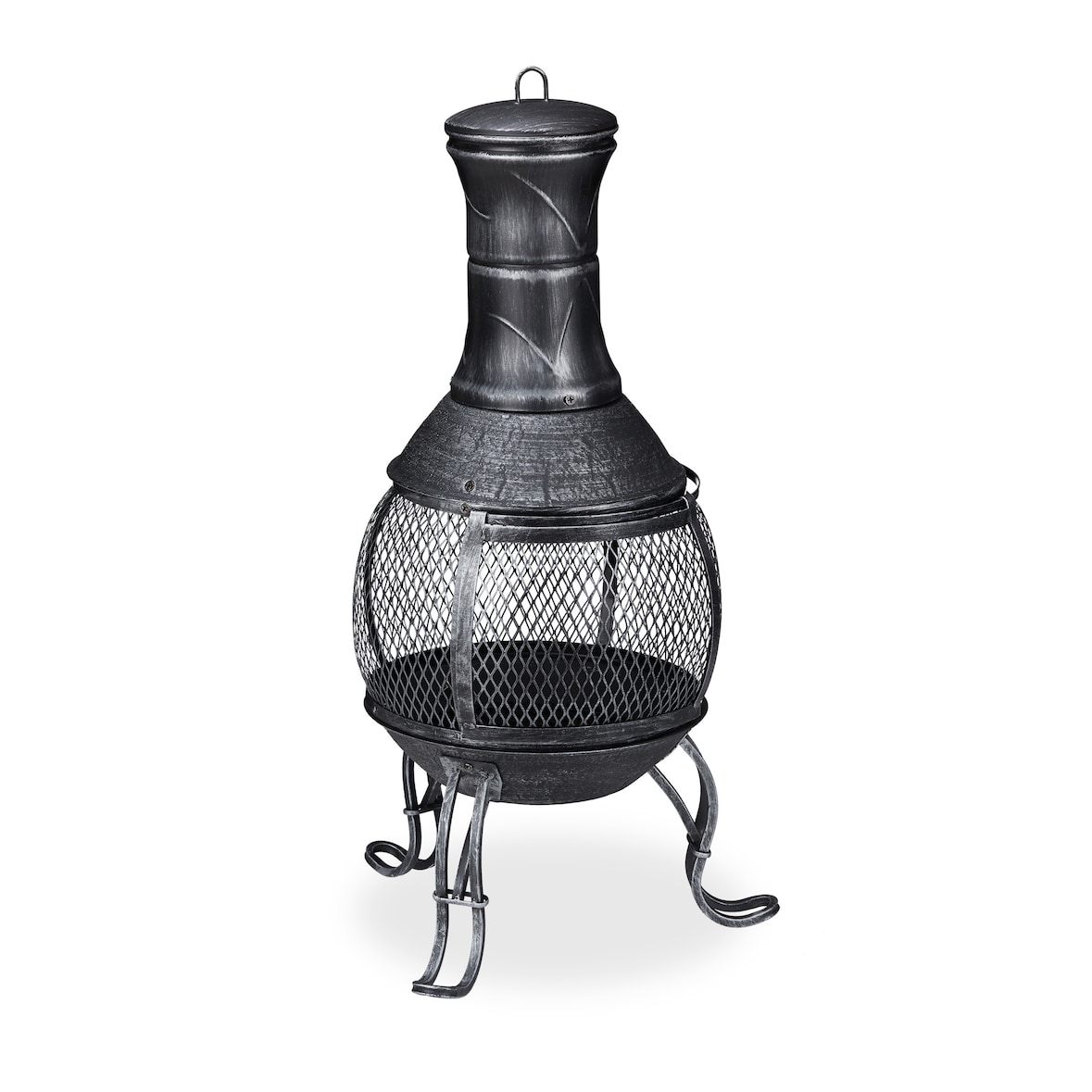 Relaxdays Aztekenofen, Schürhaken, Holzrost, Funkenschutzgitter, Garten, Terrasse, Antik Terrassenofen, Höhe 89 cm, grau