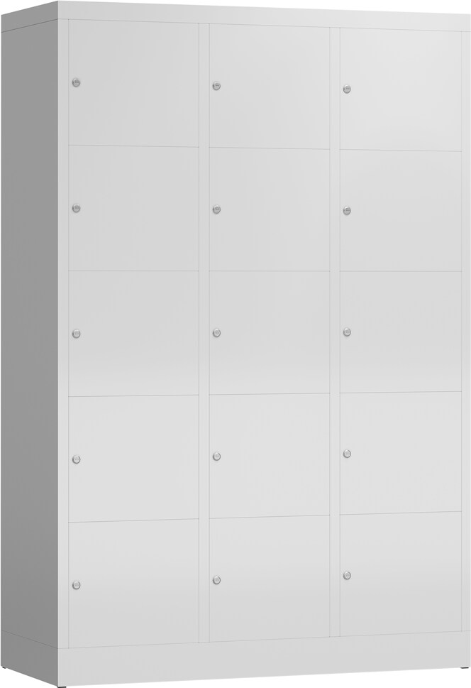 ClassiX Schließfachschrank, 3 Abteile à 5 Fächer, 1800 x 1185 x 500 mm, lichtgrau