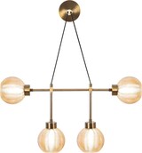 Eine Lampe mit vier Glaskugeln und Metall.