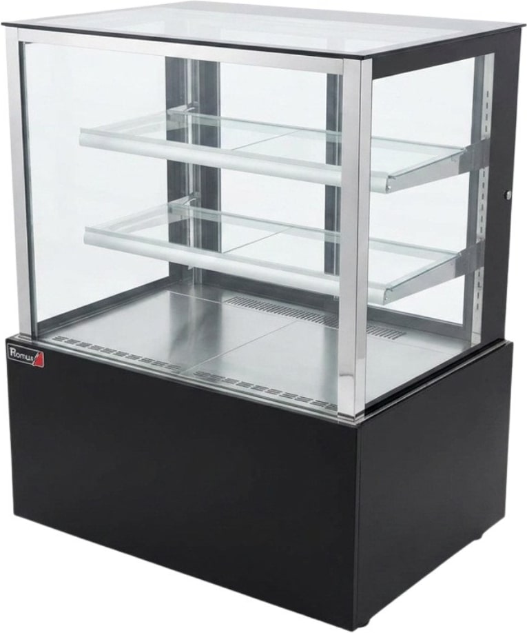 Romux® Kühlvitrine für Konditorei Quadratisch Standgerät 2 Böden Schwarz 520 Liter Umluftkühlung | Kühlvitrine Gerade Glasscheiben
