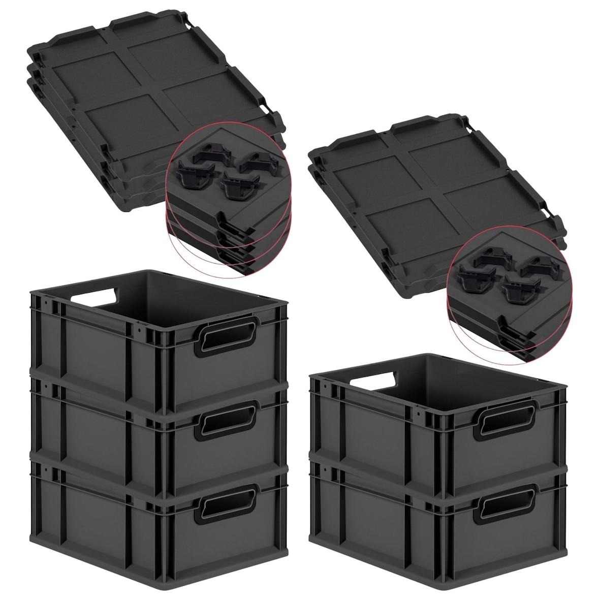 PROREGAL SparSet 5x Eurobox NextGen Color mit Auflagedeckel & Verschlüsse, HxBxT 17x30x40cm, 16L, Schwarz, Griffe schwarz offen, Eurobehälter