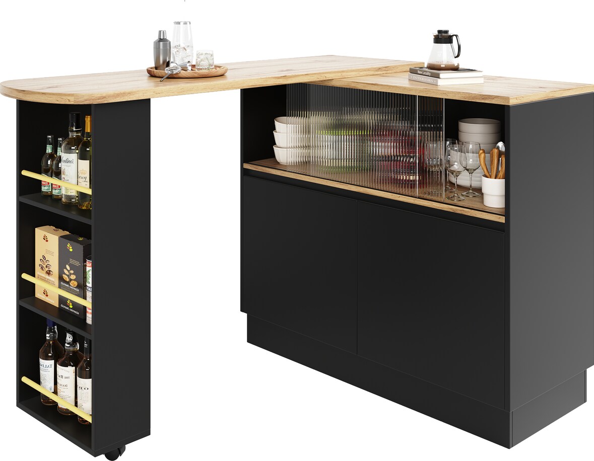 Drehbares Sideboard 120x45x103 cm mit 360 Grad Rotation, Glas Schiebetür, Ablagen und Schubladen, Schwarz, MDF, modern multifunktional