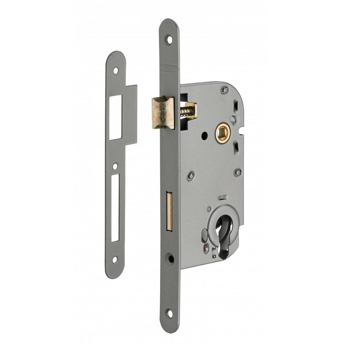 Serrure encastrable pour porte d'entrée axe à 50 mm, coffre épaisseur 10 mm à cylindre gris métal v/br