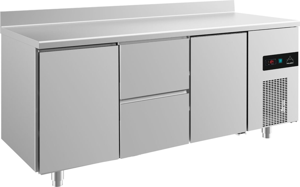 Gastro Edelstahl Kühltisch 2 Türen links/rechts 2 Schubladen(mittig) Aufkantung, 1865x700x850mm -2/+8°C