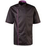 thumbnail of 224 - Kochjacke halbarm, Druckknöpfe, Fb. schwarz mit farbiger Paspel : purple 65% Polyester 35%Baumwolle 220 g/m² XL