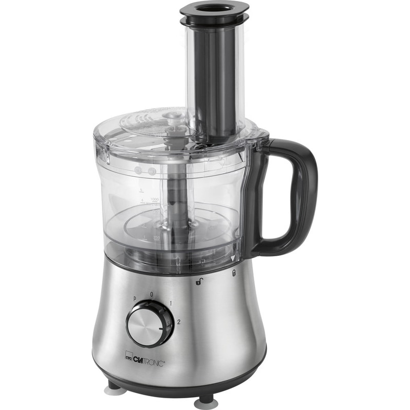 Clatronic KM 3646 Procesador de Alimentos, Multifuncional Amasa, Corta, Ralla, Licua, 4 Velocidades+Turbo, Vasos 1,5 / 1L 500W Plata