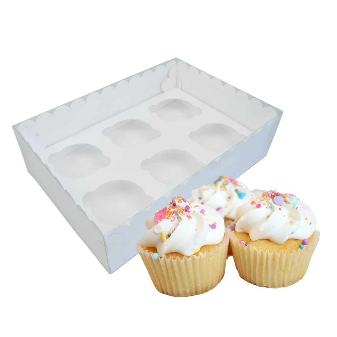 Caixa Cartolina Branca c/ tampa Pvc 6 Cupcakes