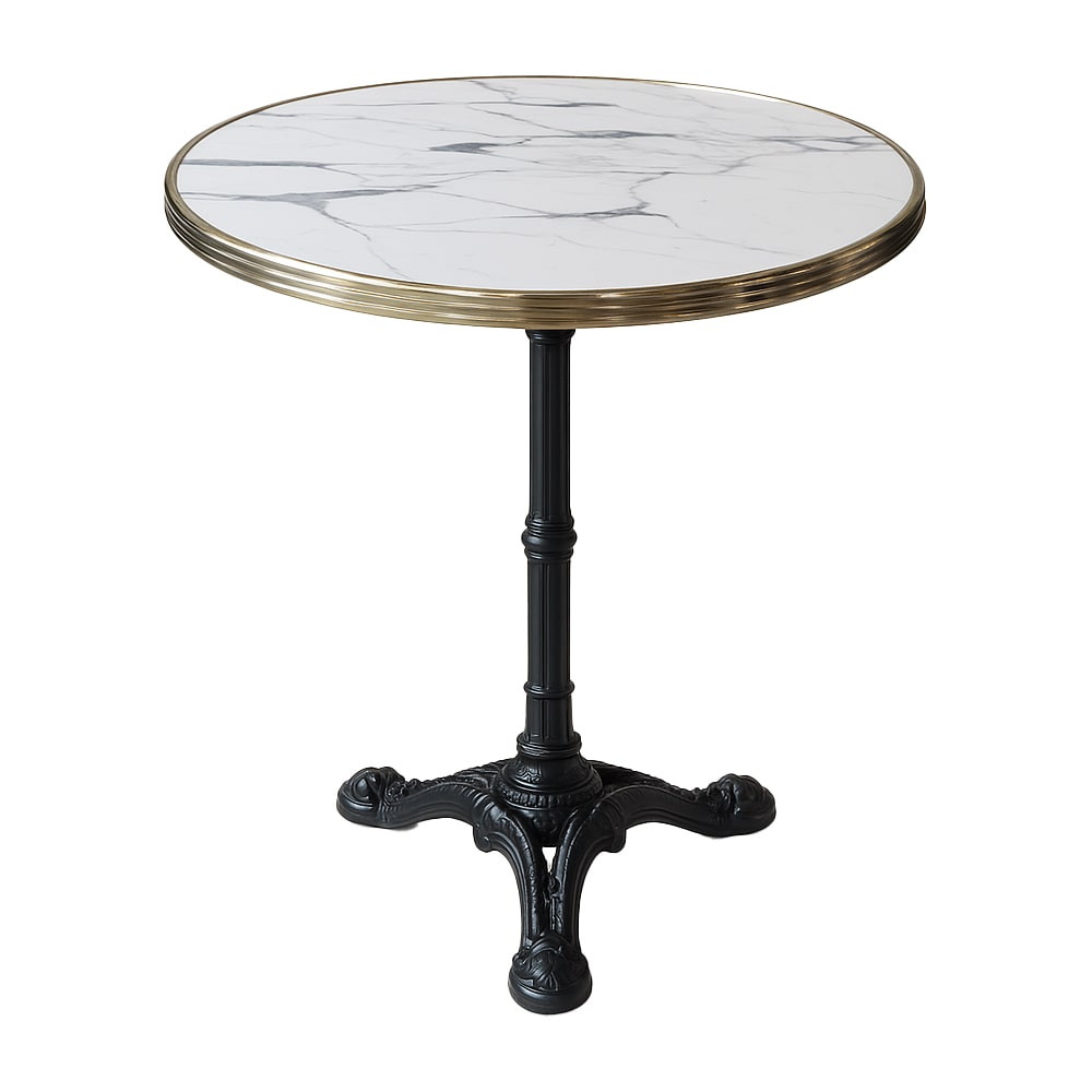 Stamp Reverdy Table Retro 3 branches Plateau Ø60 cm stratifié décor marbre de genes cerclé laiton 5657