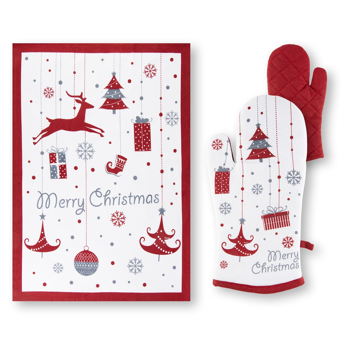 Excelsa Ofenhandschuh und Geschirrtuch Merry Christmas Baumwolle weiß-rot