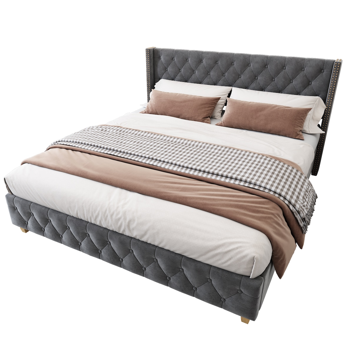 Luxuriöses Samt-Polsterbett 180x200 mit Knopf-Tufting, Nietenverzierungen und verstärkten Bettbeinen Elegantes Design für maximalen Komfort Grau