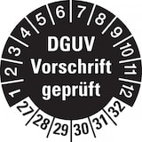 thumbnail of Prüfplakette ab 27, DGUV Vorschrift geprüft, schwarz/weiß, Ø 30 mm - Bogen = 10 Plaketten - 30 mm Dokumentenfolie selbstklebend