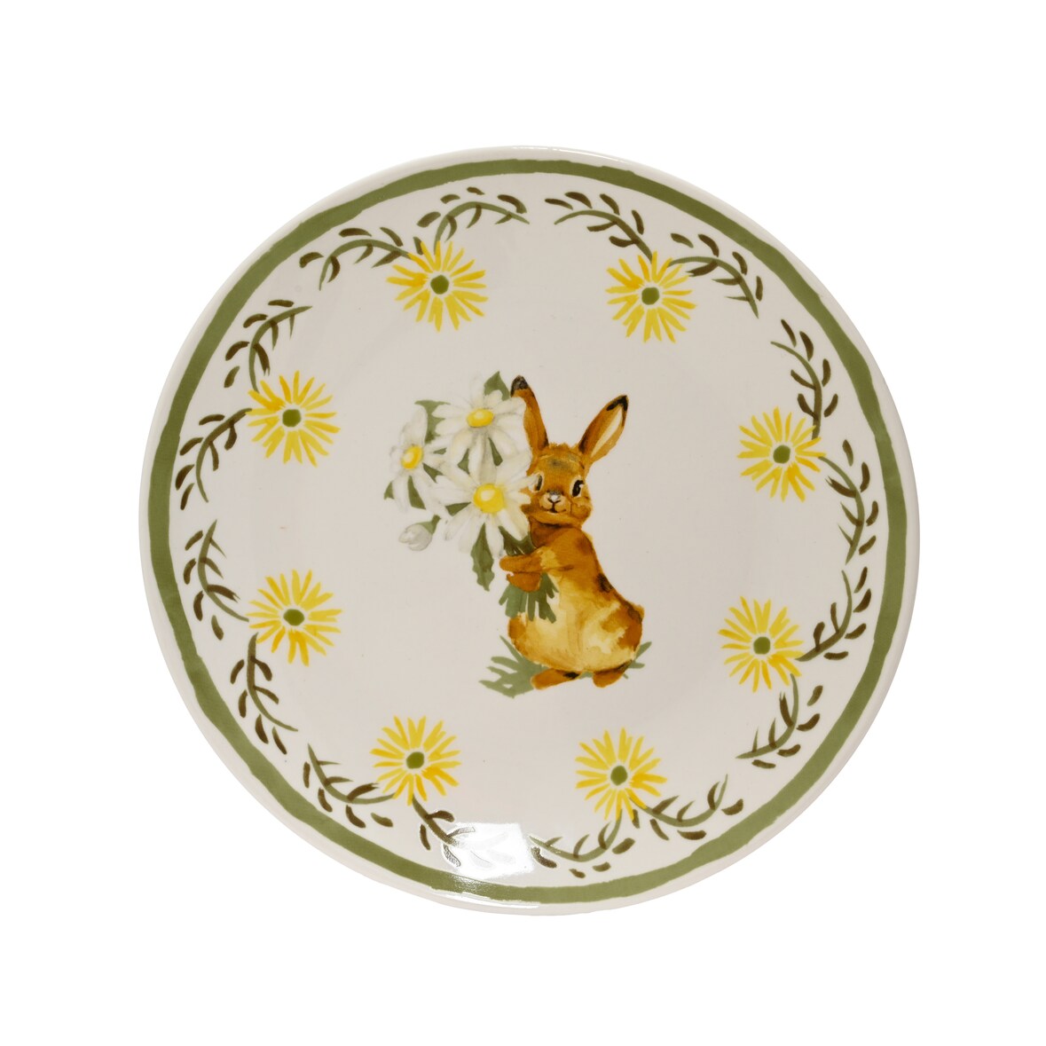 Frühstücksteller Porzellan 20,2x2,3cm Hasen und Blumen Motiv Essteller Ostern Mittagsteller Speiseteller Frühstücksteller Snackteller Geschirr