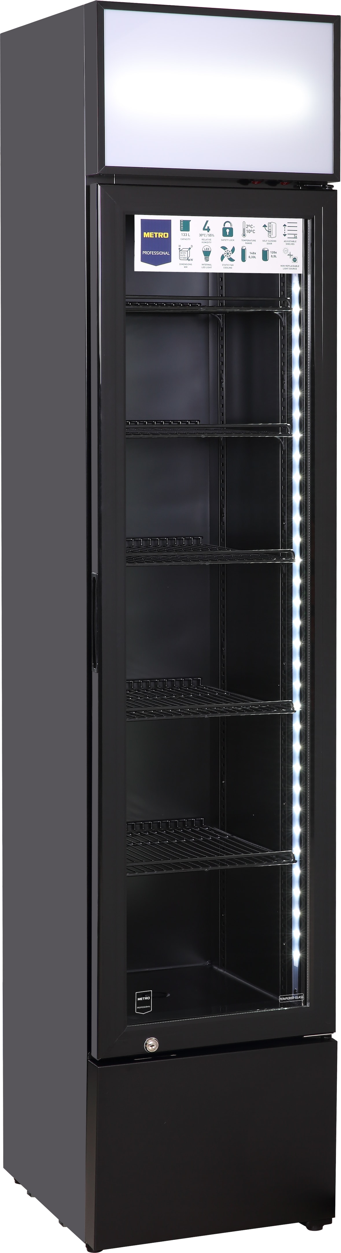 METRO PROFESSIONAL Enfriador de bebidas estrecho GSC2133B, metal/cristal, 39 x 47.5 x 188 cm, 133 L, refrigerac. estática, 200 W, con cerradura, negro