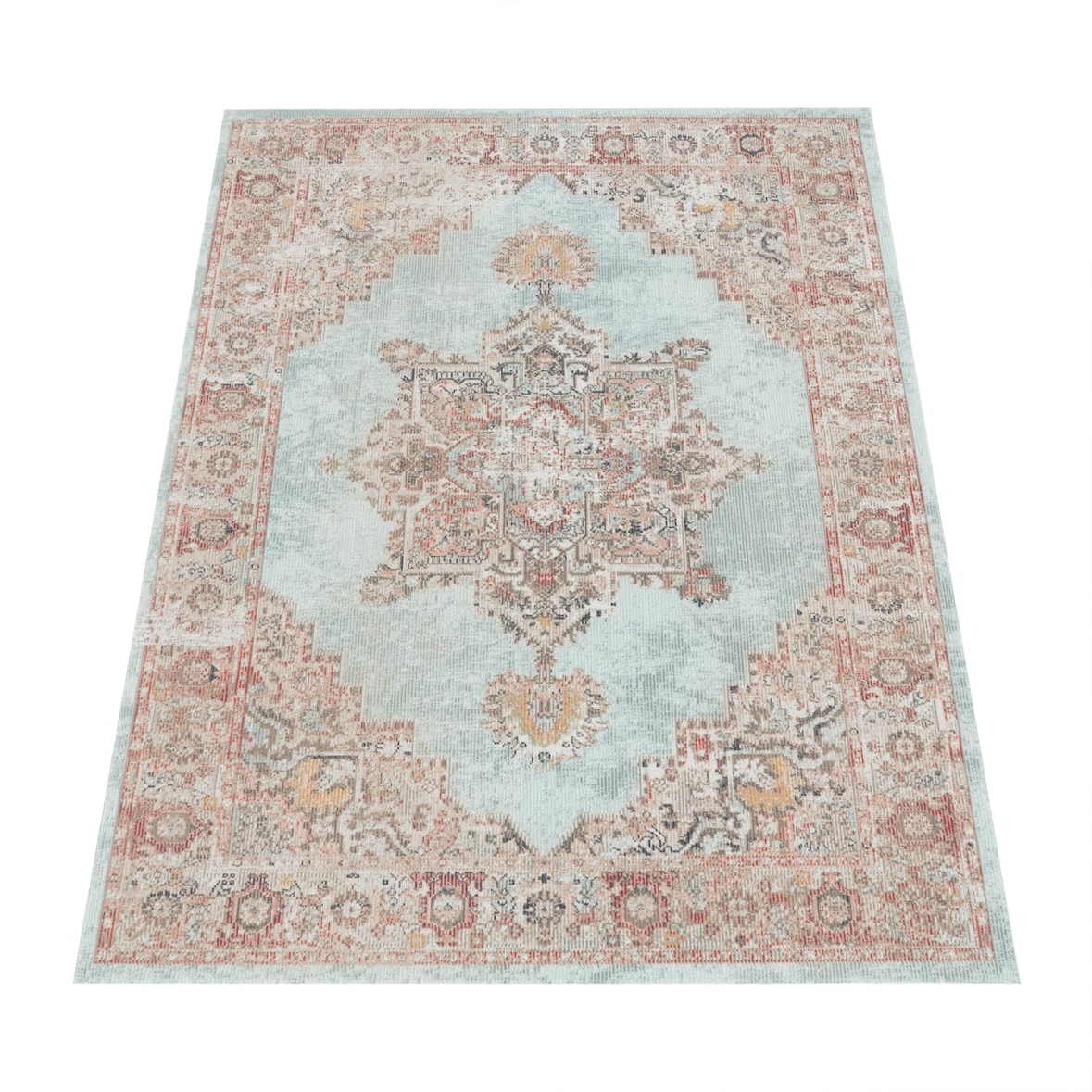 Outdoor Teppich Orientalisch Vintage Balkon, Terrasse schmutzabweisend Türkis Läufer 60x100 | 100% Polypropylen | Florhöhe: 2 mm | pflegeleicht