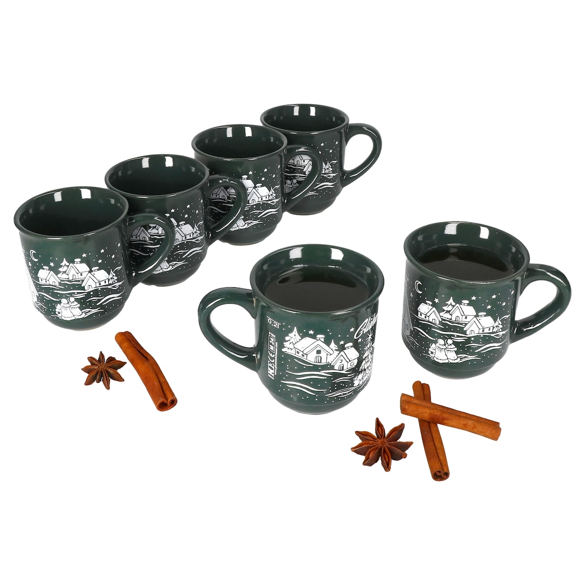 6x Glühweinbecher 0,2L grün Weihnachtslandschaft Keramik Glühweintassen geeicht