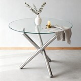thumbnail of Runder Esstisch Glas & Metall Silber, transparente Tischplatte, Kreuzfuß, verstellbare Gleiter, für 2-4 Personen