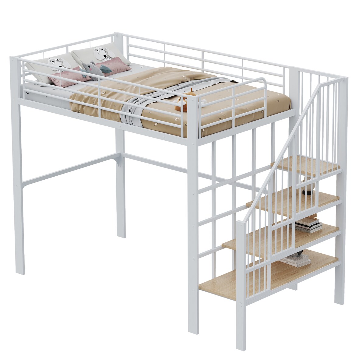 Hochbett 140x200 Metall mit Treppe und Stauraum, robust, platzsparend, modernes Design, Bettgestell Weiß für Schlafzimmer, stabiler Bettrahmen