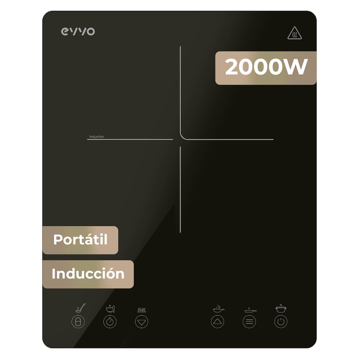Placa de Inducción Portátil EVVO V26 Trip, 2000W, Control táctil, Ajuste de potencia y temperatura, Temporizador
