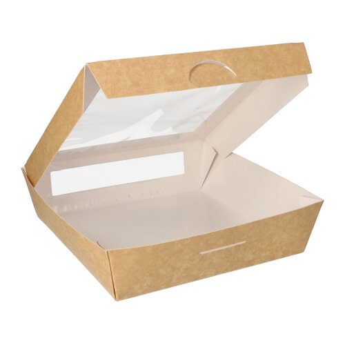 PAPSTAR, Cateringdoos van bruin karton met PLA venster, 'pure' | 19cm x 19cm x 5cm