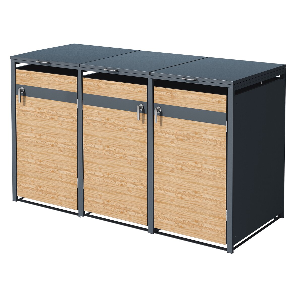 ML-Design Mülltonnenbox 3er Anthrazit-Holzoptik, für 3×240L, 200×80×116 cm, Stahl, wetterfest & abschließbar, Müllbox mit Deckel/Türen