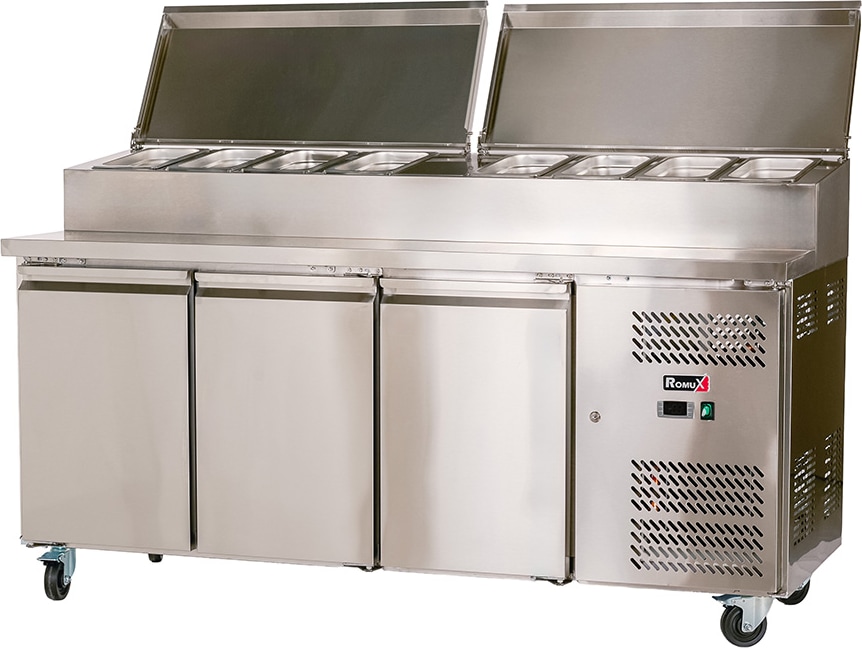Romux® Saladette Kühltisch mit 3 Türen 180x70 cm für 10 GN 1/3 Behälter mit Umluftkühlung | Zubereitungstisch aus Edelstahl mit Kapazität 417 L
