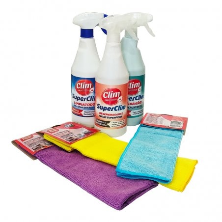 Conjunto de limpeza SuperClim: multiusos, desengordurante e limpa casa de banho 750 ml e 3 panos de microfibra