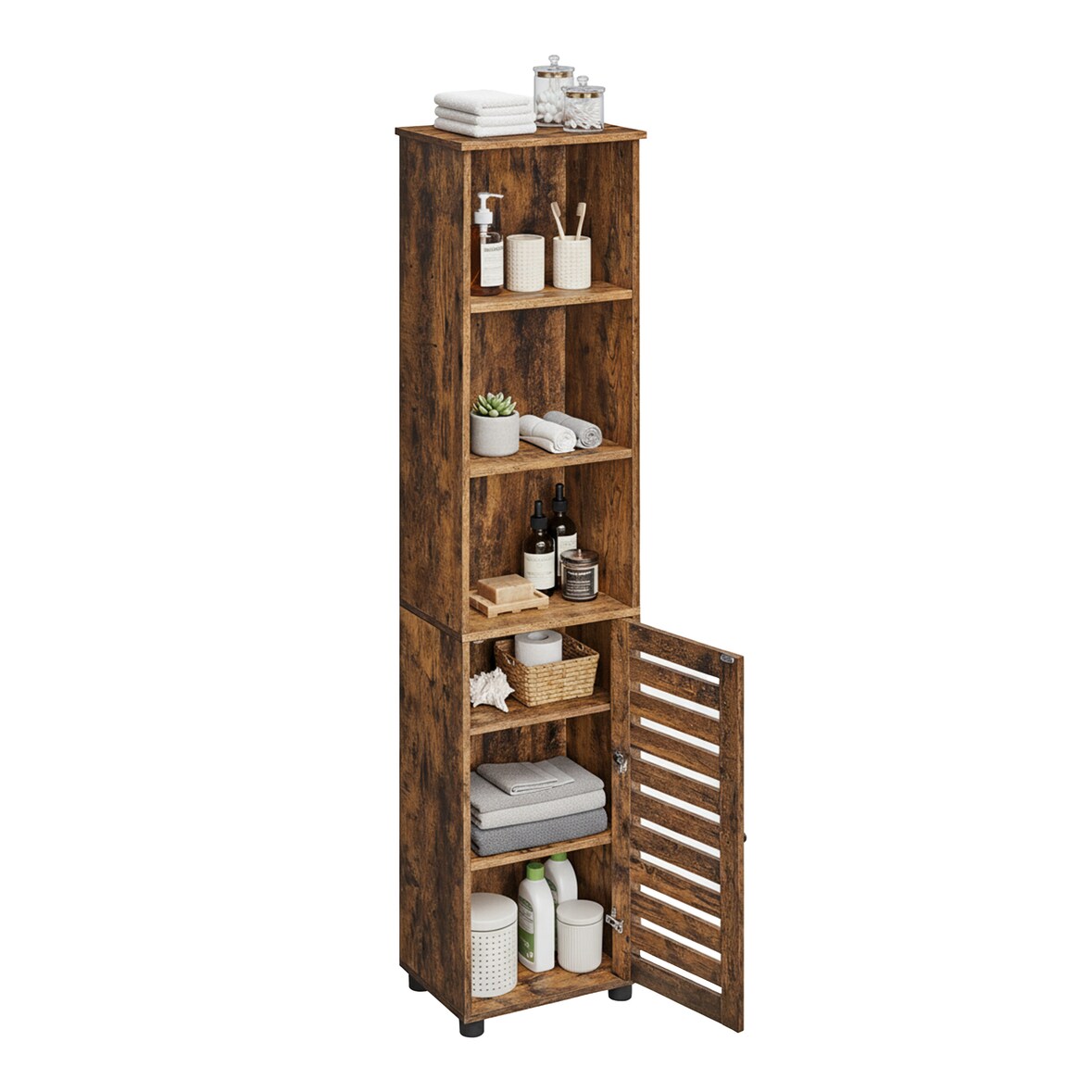 Relaxdays Badezimmerschrank mit Tür, HBT: 167x30x40 cm, 6 Fächer, Toilettenschrank, hoch, schmal, Bad Hochschrank, braun