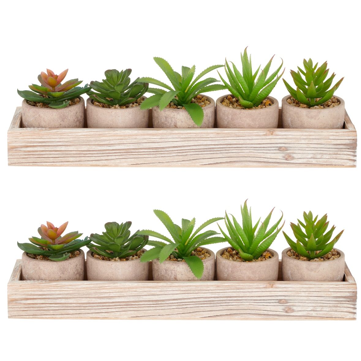 CREATIV green künstliche Pflanze Sukkulenten-Set im Holzkasten 5 Pflanzen 8-10cm im 6x5cm Topf, grün, im 2er Set