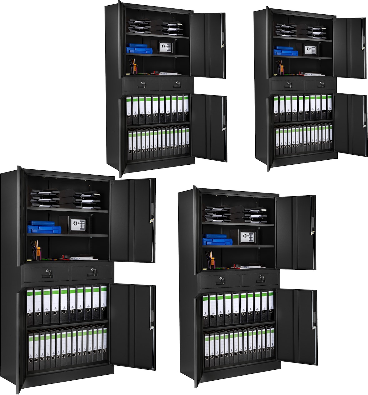 tectake 4 armarios archivadores con cierre de seguridad, 5 alturas + 2 cajones 180x90x40cm  Negro