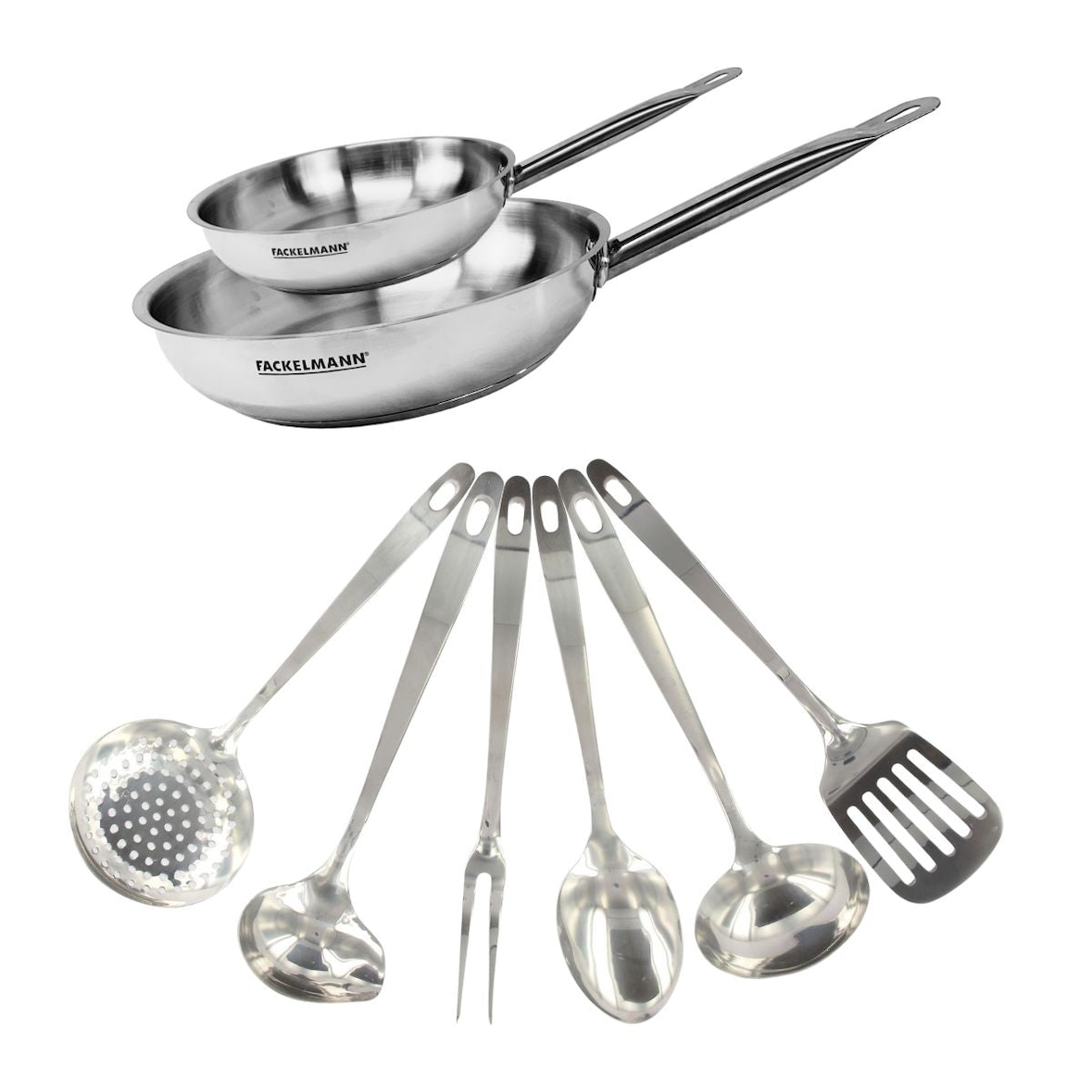 Juego de cocina de acero inoxidable Fackelmann Eterna (2 sartenes de 20 cm y 28 cm) y 6 utensilios de acero inoxidable