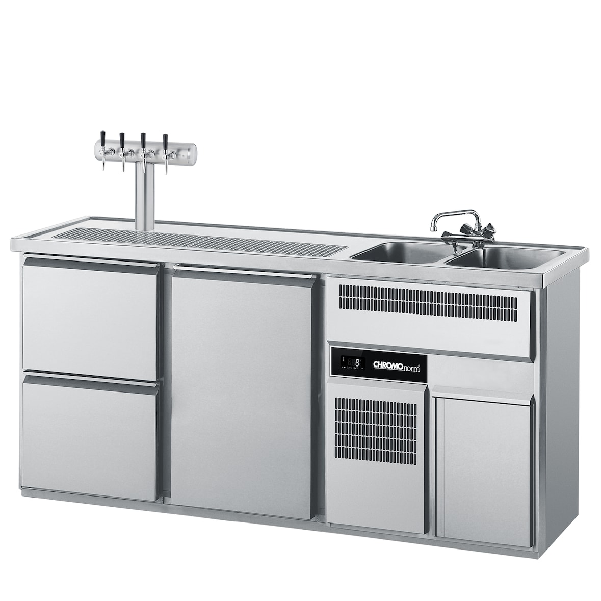 CHROMOnorm Getränketheke mit zwei Becken rechts, 2 Züge 1/2 und einer Tür