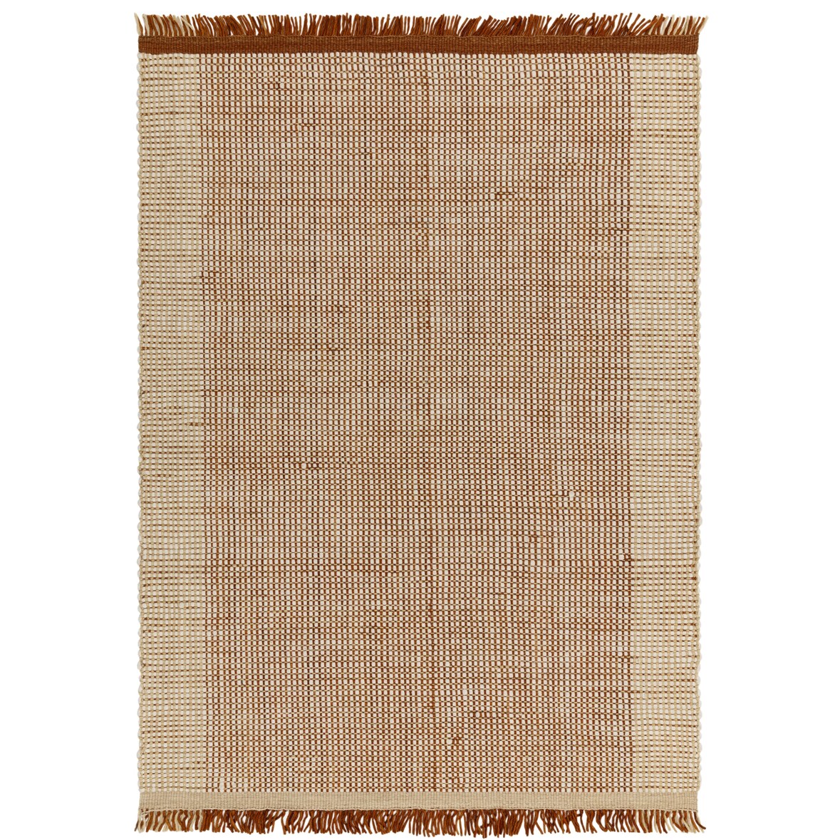 Wollteppich Handgewebt Korbmuster | 200x290cm, 4mm Florhöhe, 14mm Gesamthöhe | Terrakotta | Mit Fransen | Gemütlich | PISA Kollektion | Kadima Design