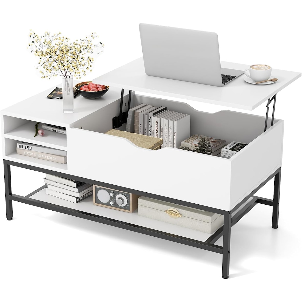 Tavolino COSTWAY con piano ribaltabile, tavolino regolabile in altezza, tavolino da salotto con vano contenitore nascosto