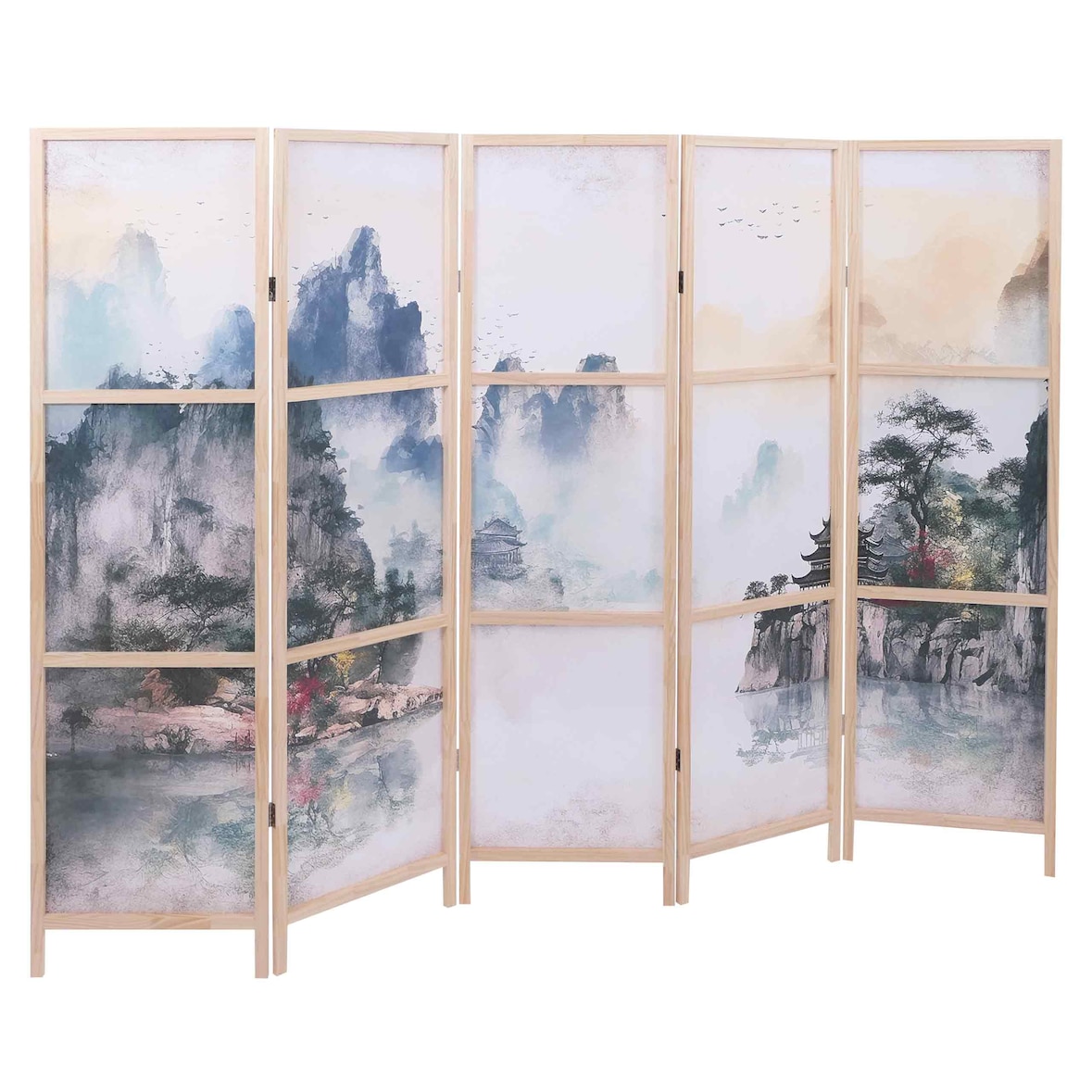 Paravent HWC-O70, Trennwand Sichtschutz Raumtrennung Naturmotive Holz MVG Polyethylen 170x227cm ~ Berge