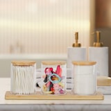 thumbnail of Relaxdays Wattestäbchenbehälter mit Tablett, 3 Becher m. Deckel, Kosmetik Organizer Kunststoff/Bambus, transparent/natur