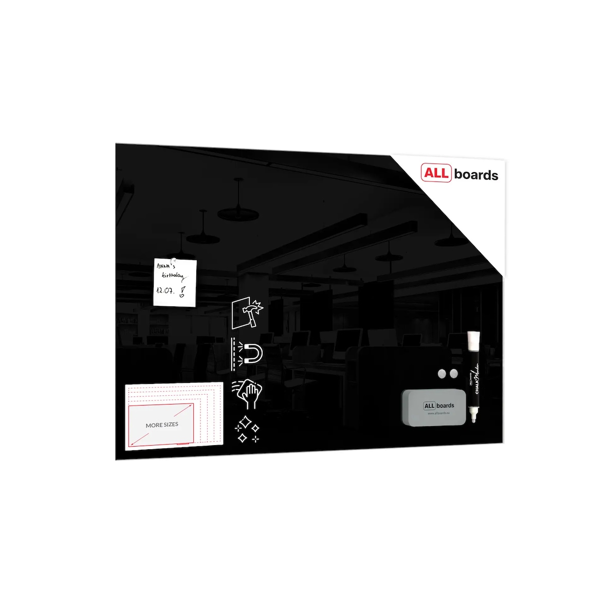 ALLboards Lavagna in vetro nera magnetica 90x60 cm CLASSIC