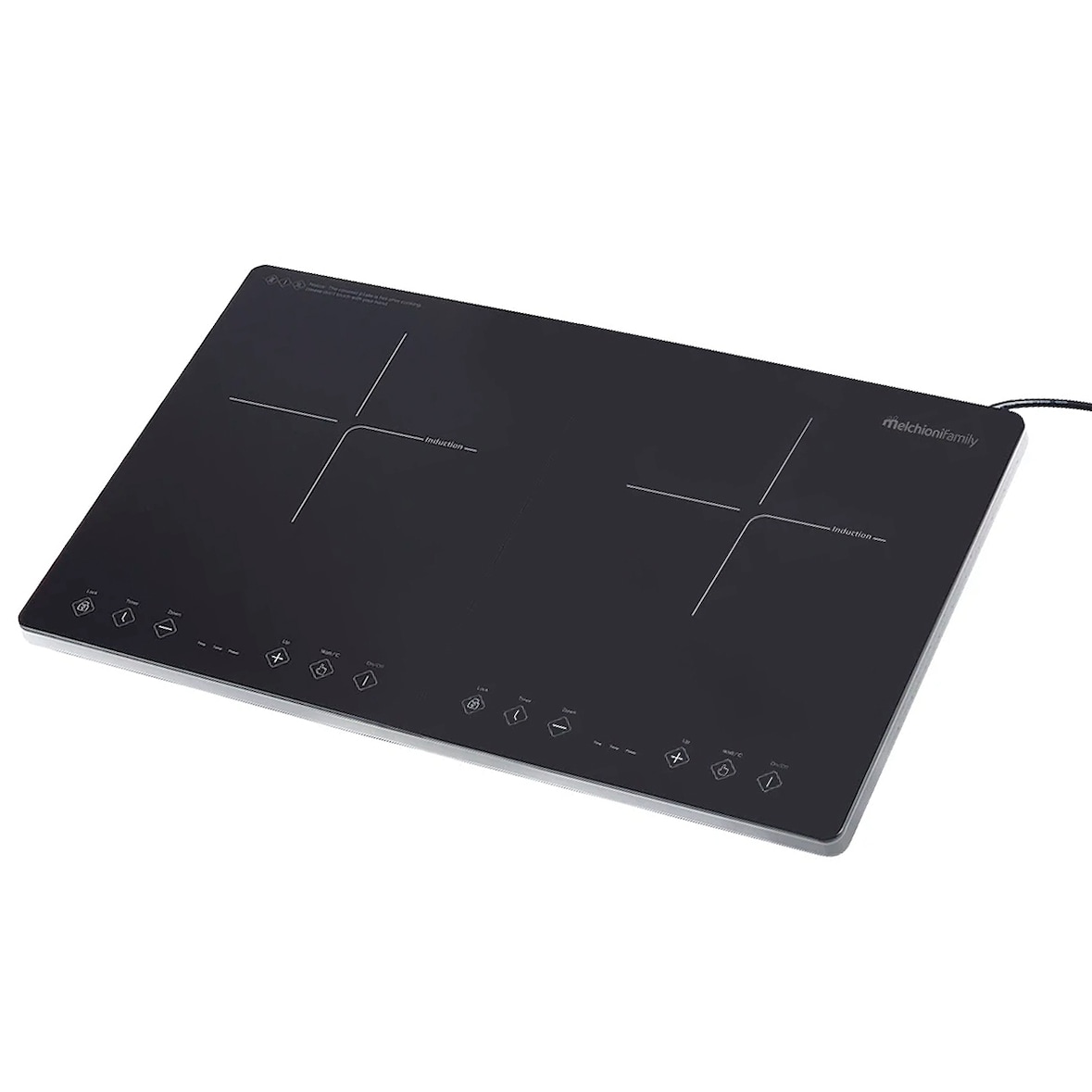 MELCHIONI FAMILY Placa de Inducción Portátil 2 Fuegos, OBLIVION 2, 3300 W, Control Táctil, 3300W,  Bloqueo Infantil, Vidrio Negro, 118360034