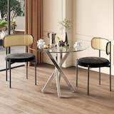thumbnail of Esstisch rund 80x80x75 cm Silber mit gehärteter Glasplatte und galvanisierten Metallbeinen, kreuzförmiges Gestell, modern und platzsparend