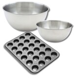 thumbnail of Ensemble comprenant 1 moule muffin 24 empreintes, 1 spatule Zenker et 2 bols à mixer en inox Fackelmann