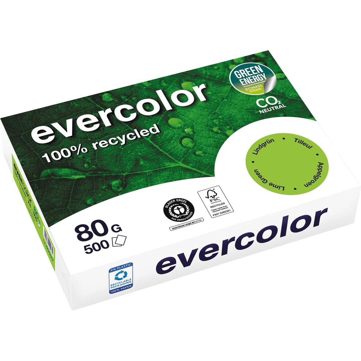 Kopierpapier Evercolor lindgrün, A4, 80 g/qm, aus 100 % Altpapier, ausgezeichnet mit dem Blauen Engel