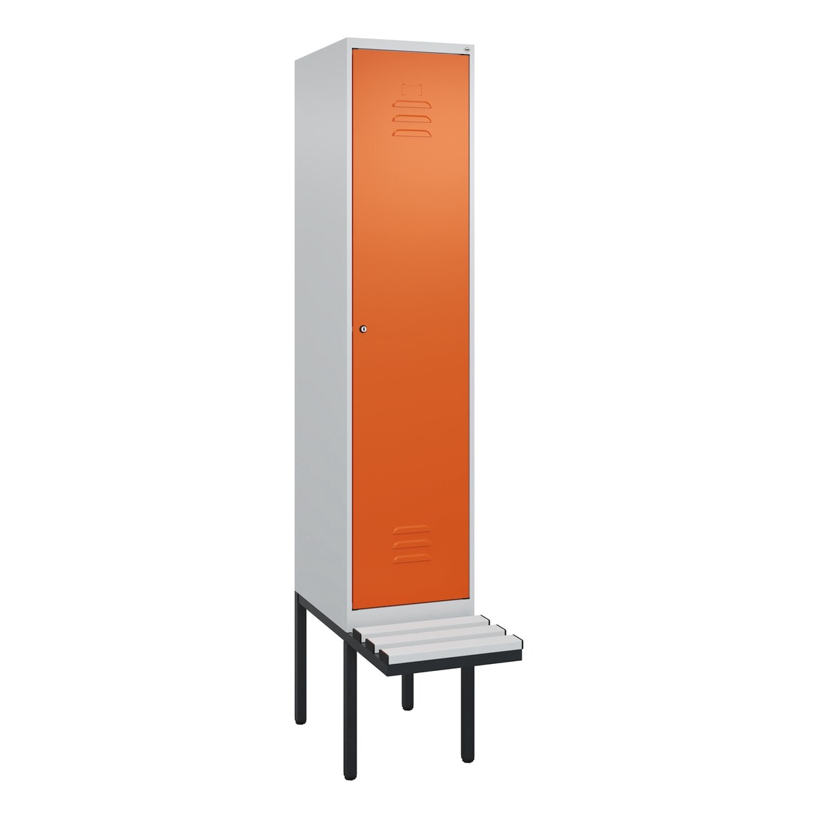 C+P Spind Classic PLUS, Kunststoff schwebende Sitzbank, 1 Abteil, HxBxT 212x40x82cm, Zylinderschloss, Hellgrau/Reinorange von PROREGAL