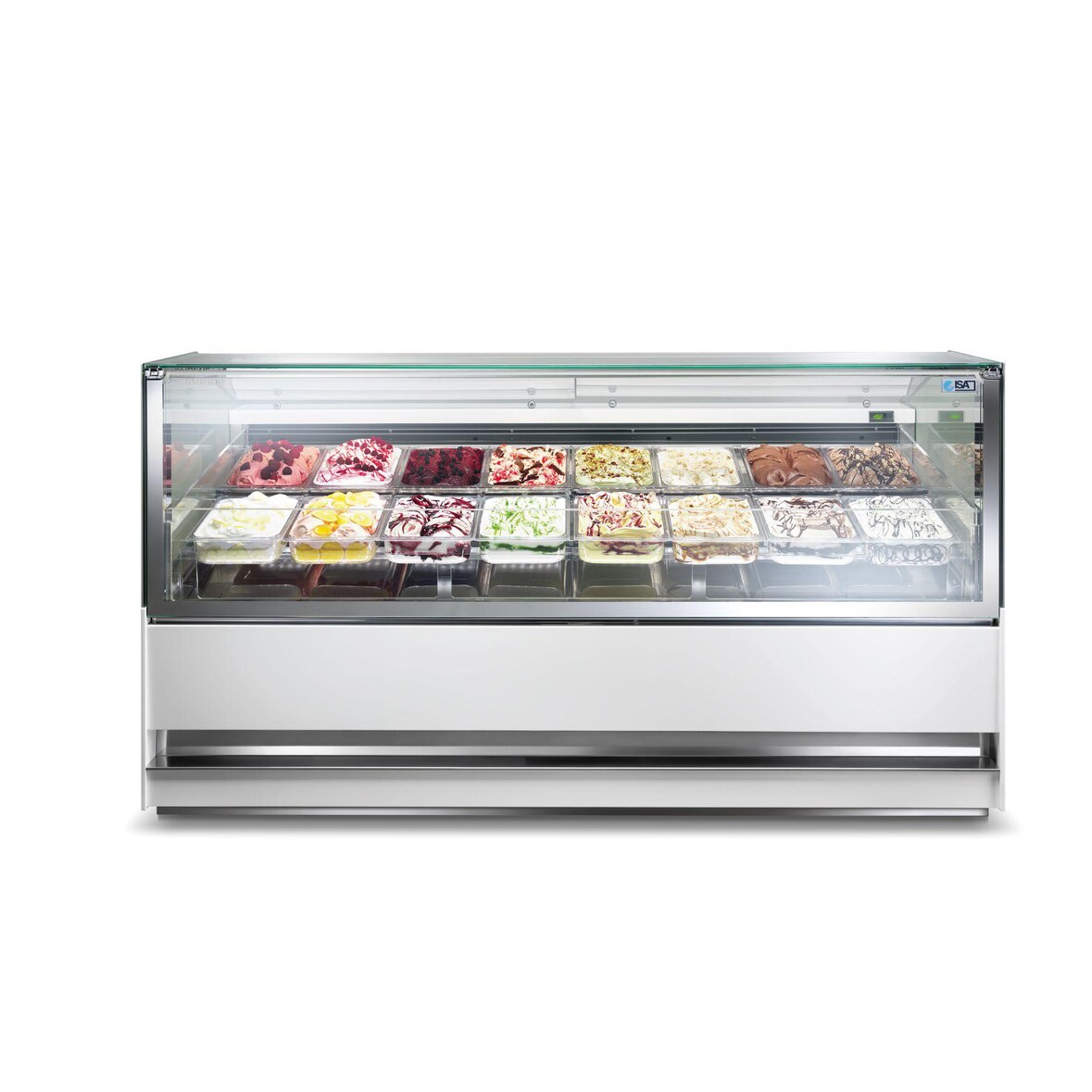 Vitrine réfrigérée à crème glacée gelato  froid ventilé négative  170x110x135 soit 18 bacs de 5 litres blanche ISA 3DSHOW