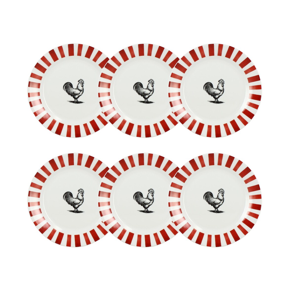 Novastyl - Lot6 assiettes à dessert cocorico 19cm en porcelaine rouge blanc