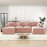 thumbnail of Modulares U-förmiges 4-Sitzer Sofa Chenille 93x350x140 cm Rosa mit abnehmbaren Rüschen und flexiblem Hocker